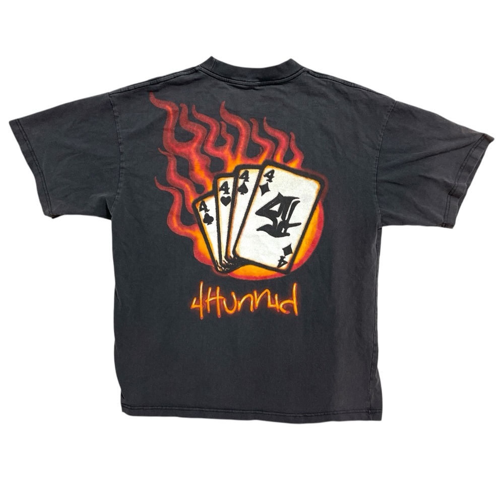 4Hunnid Black Graphic Tee‎ with Flame and Card Design Men’s XL